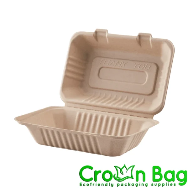 9''x6'' PFAS Free Compostable Bagasse Hinged Containers